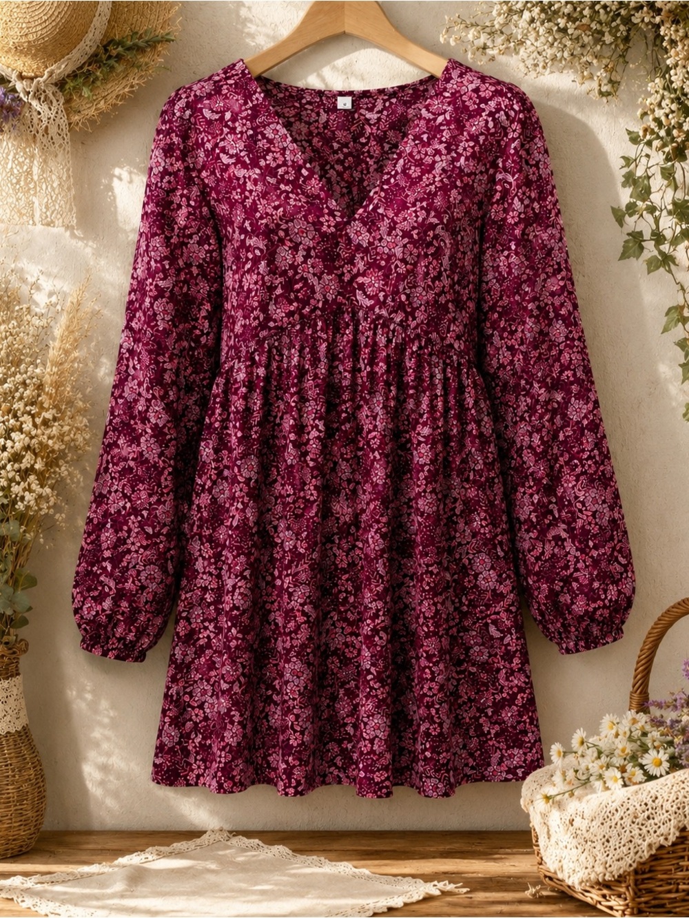 Old Navy Berry Floral Cottagecore Babydoll Dress Boho Long Sleeve Lightweight